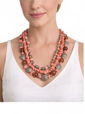 Coral Beads Silvee Medallion 3-Tier Statement Necklace Adjustable 9" Drop
